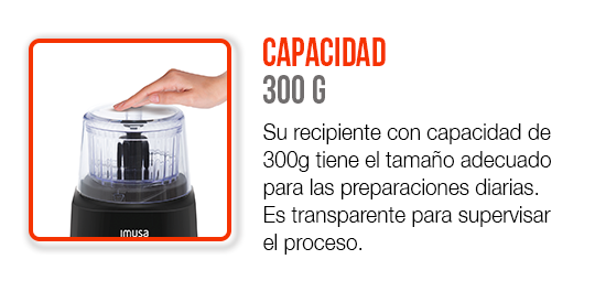 Su vaso transparente de 300g tiene el tamaño adecuado para las preparaciones diarias.