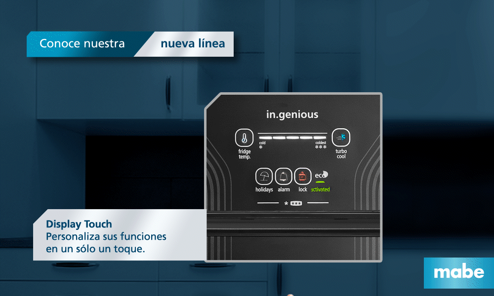 Maneja fácilmente todas las funciones del refrigerador con sus controles sensibles al tacto con funciones como,  Control de temperatura, Power Cool, Vacaciones, Alarma, Bloqueo de panel y Energy Saver.