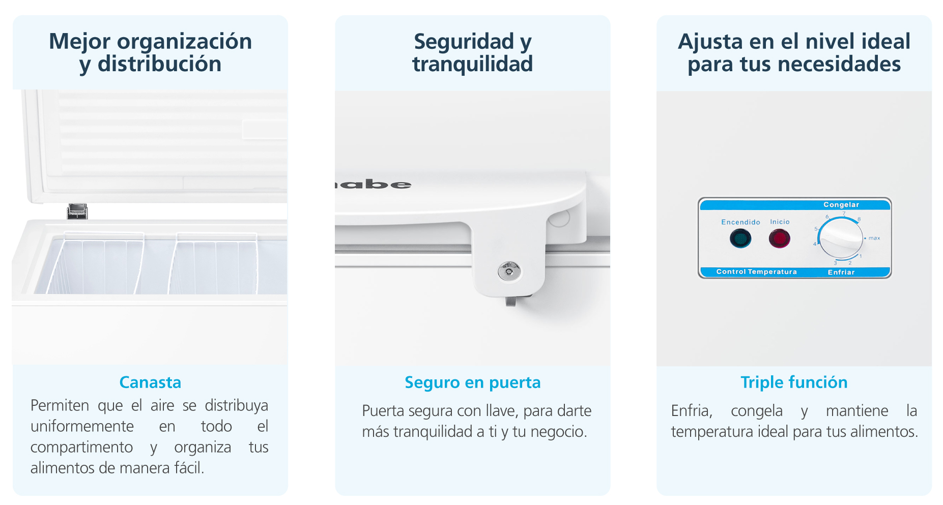 Beneficios de tu  congelador canastas plásticas que permiten que el aire se distribuya uniformemente en todo el compartimento, seguro en puerta con llave y ajuste de temperatura según tus necesidades.