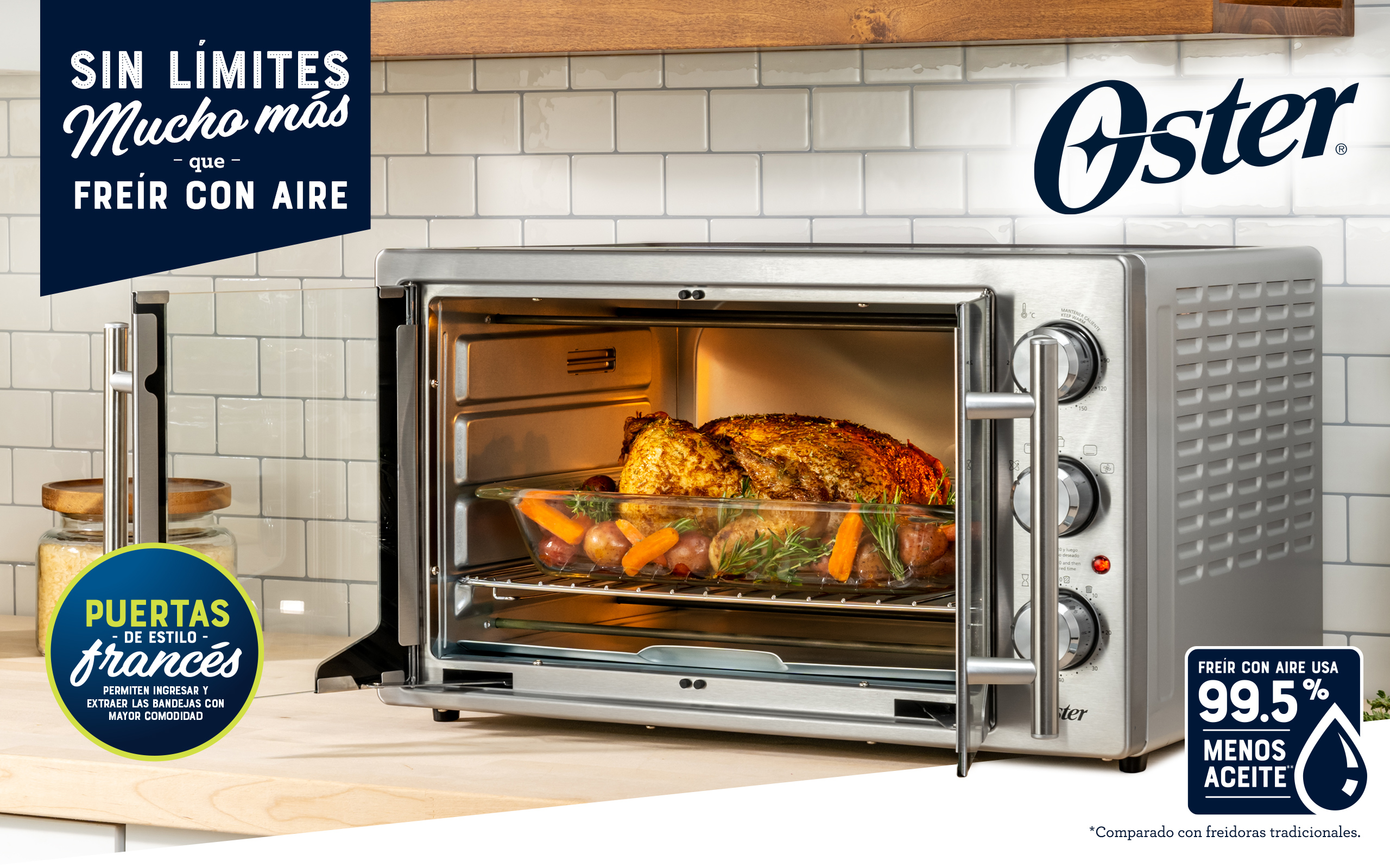 Horno extra grande de puertas estilo francés con freidora de aire oster