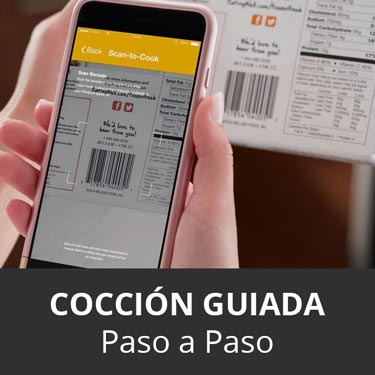 La función Scan-To-Cook de este horno con campana extractora de Whirlpool 492739, brinda la opción de manera inteligente de escanear el código de barras del producto a preparar y recibir instrucciones a través d ela plataforma Yummly.