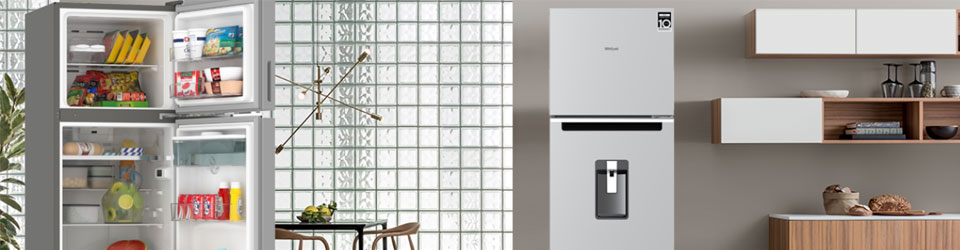 Nevera Whirlpool 515061. Ambientada en cocina que muestra gran espacio de almacenamiento y gran adaptación a espacios con diferentes estilos gracias a su aspecto moderno y simple.